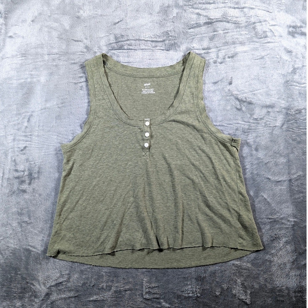 Aerie Womens Small Olive Green Linen Blend Henley Tank Top Cropped Raw Hem